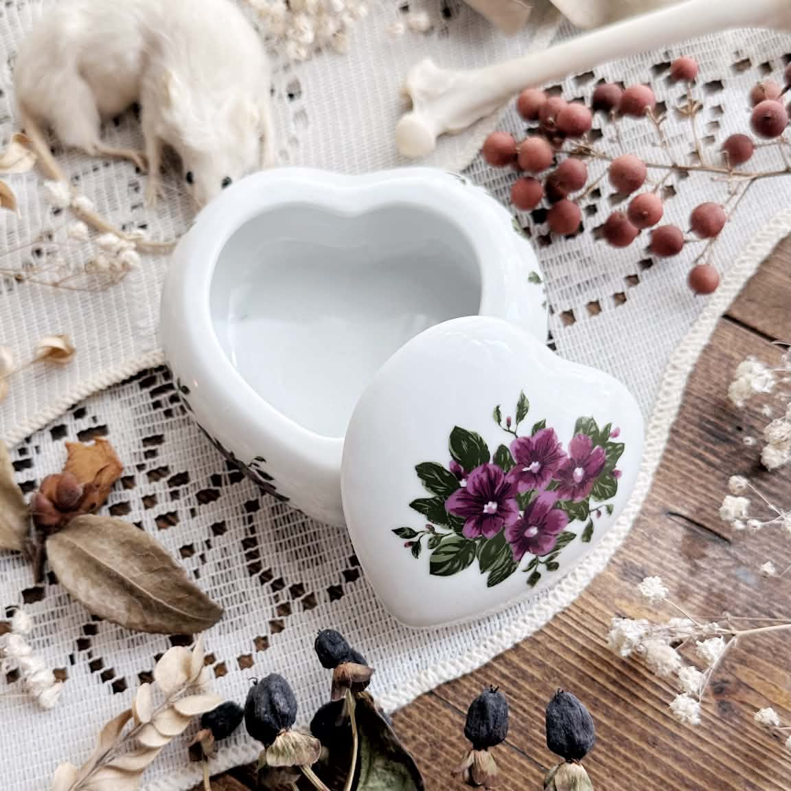 Vintage Heart Shaped Porcelain Trinket Box | Floral Design