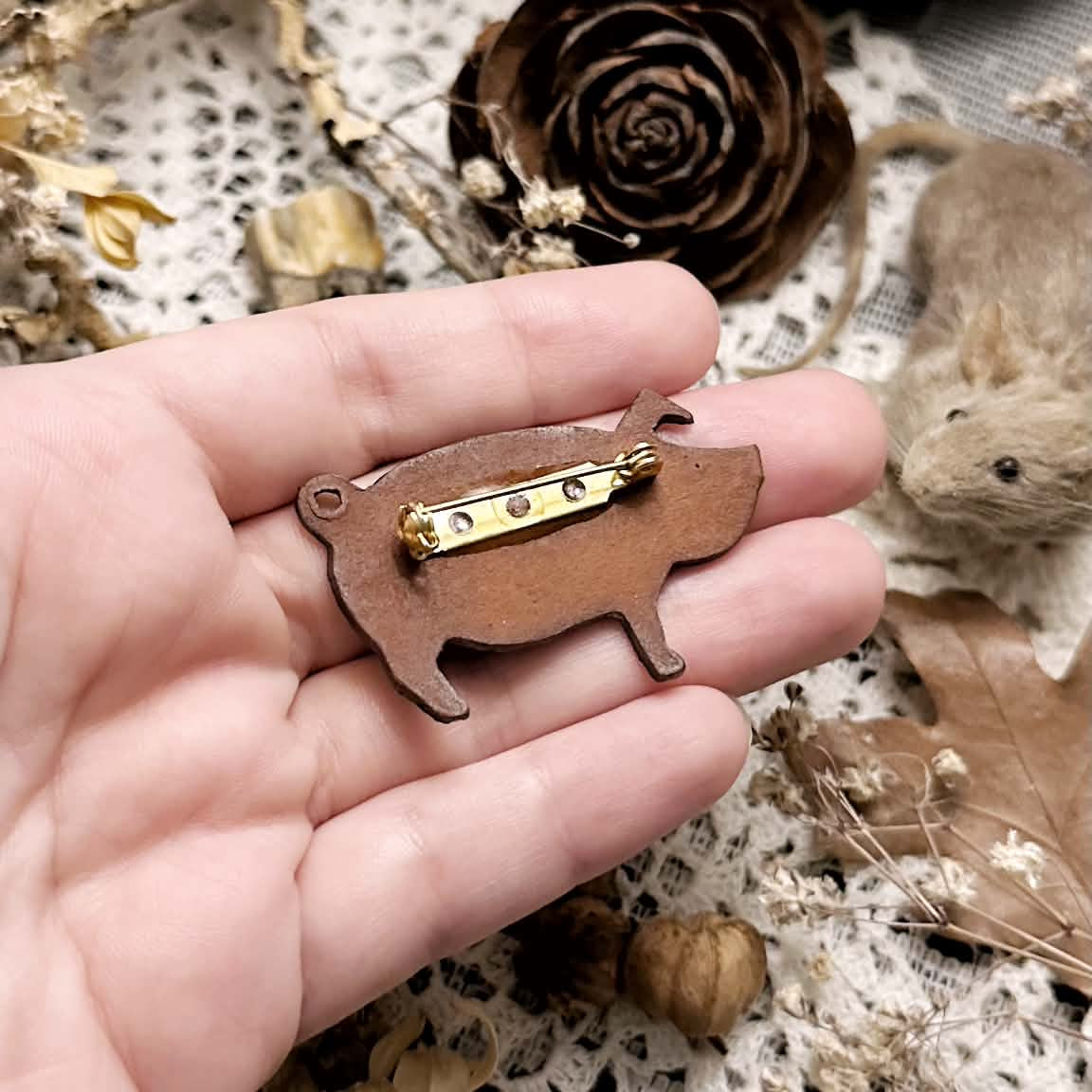 Vintage Clay Potbelly Pig Brooch Pin