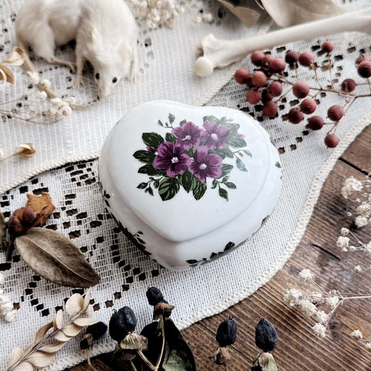 Vintage Heart Shaped Porcelain Trinket Box | Floral Design